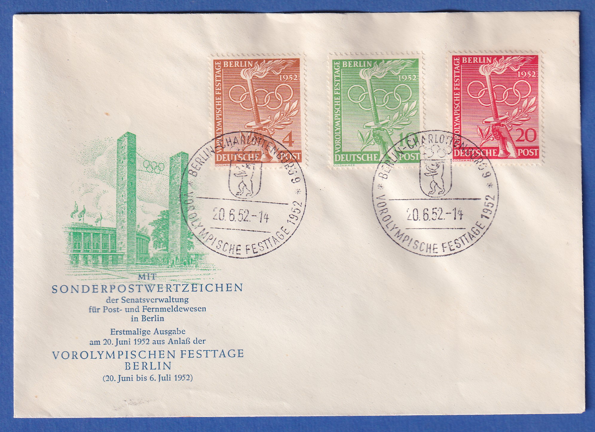 Berlin 1952 Vorolympische Festtage Mi Nr 88 90 Auf Amtlichem FDC