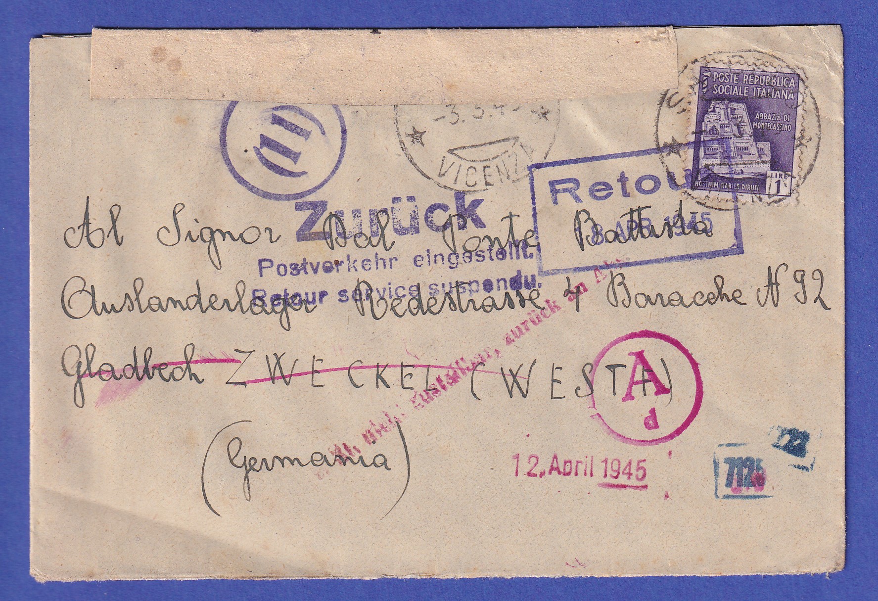 Italien Dez.1944 Interess. Zensur-Retour-Brief von Vincenza n. Gladbeck-Zweckel - Picture 1 of 2