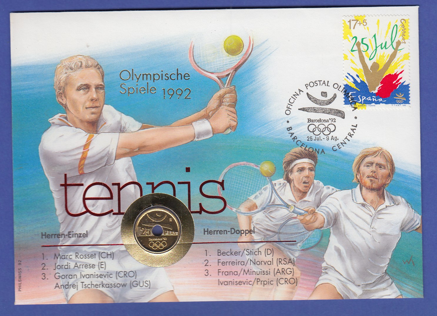Tennis, Sieger Olympische Spiele Barcelona 1992 , Numisbrief Spanien