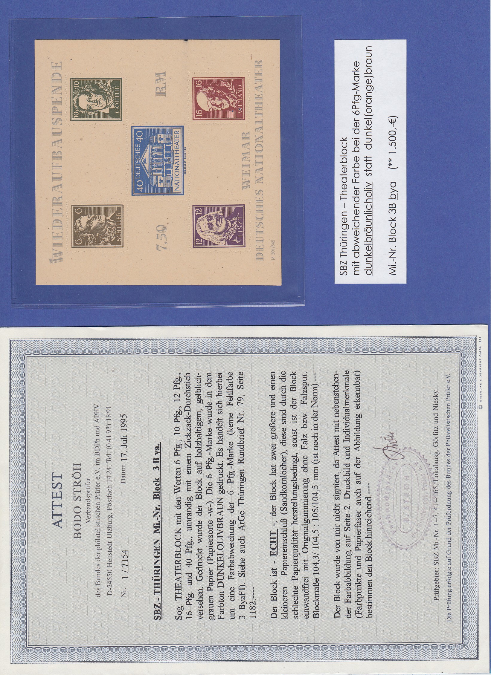SBZ Thüringen Theater-Block 3B b ya seltene Farbvariante ** m. Attest ...
