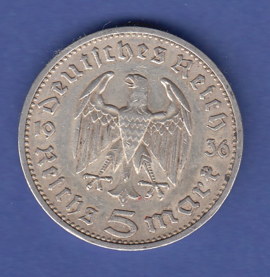 Deutsches Reich SilberMünze Hindenburg mit Adler, 5 Mark E 1936 · Tilman Dohren Philatelie
