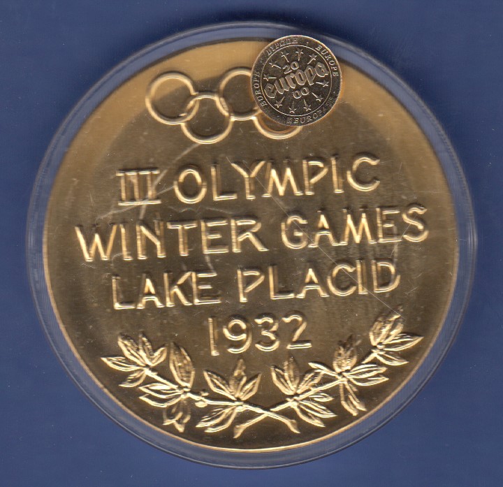 Große Medaille Olympische Spiele Lake Placid 1932 50mm Tombak vergoldet
