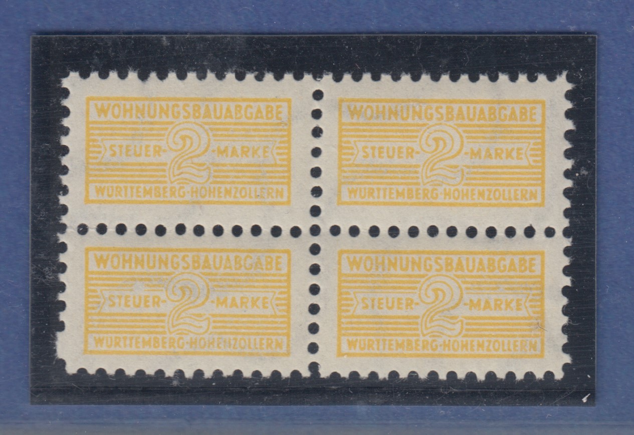 Französische Zone Wohnungsbaumarke gute Farbe, Mi.-Nr. 3b Viererblock
