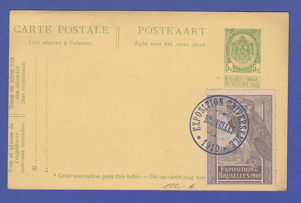 Belgien seltene SonderGanzsache Weltausstellung Brüssel 1910 mit