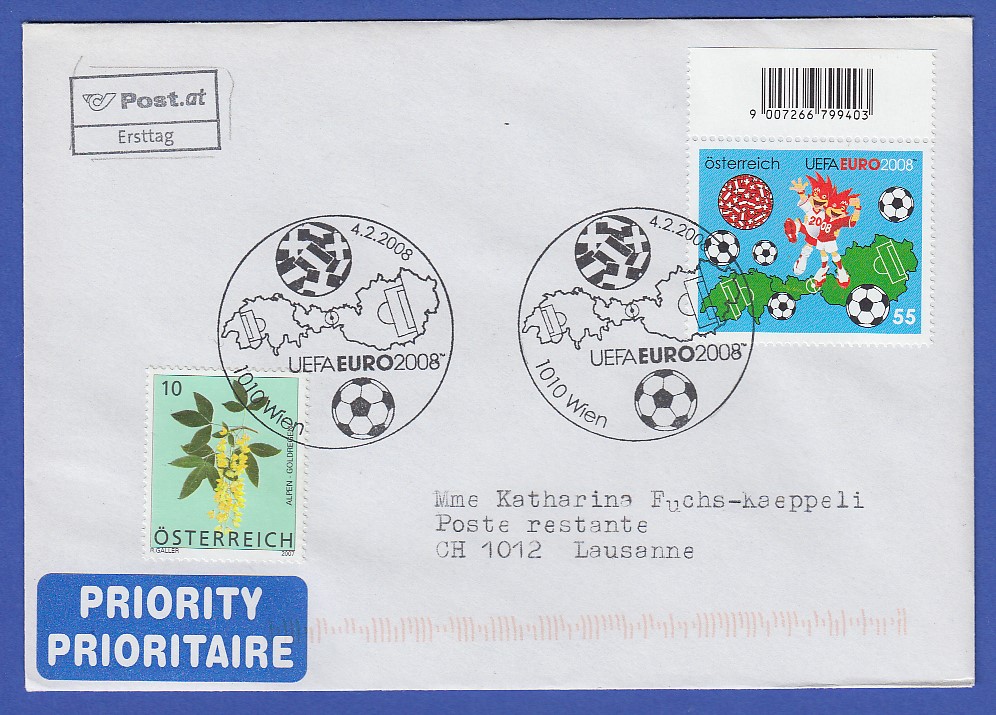 Österreich 2008 FußballEM UEFA EURO 2008 MiNr. 2710 auf gelauf. FDC