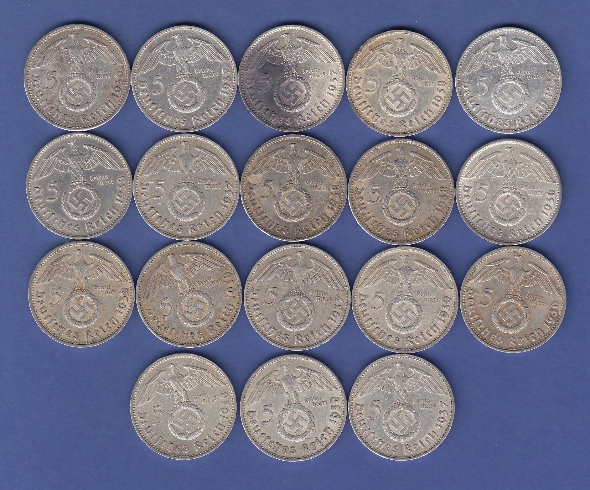 18 Stück 5-Reichsmark Silbermünzen Hindenburg mit Hakenkreuz 1936-1939