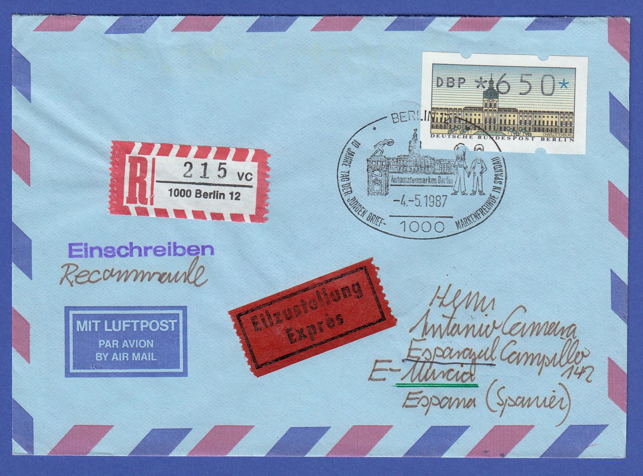 Was Kostet Ein Brief Nach Spanien ATM Berlin Wert 650 Pfg auf R-Brief nach Spanien vom Ersttag 4.5.87 mit