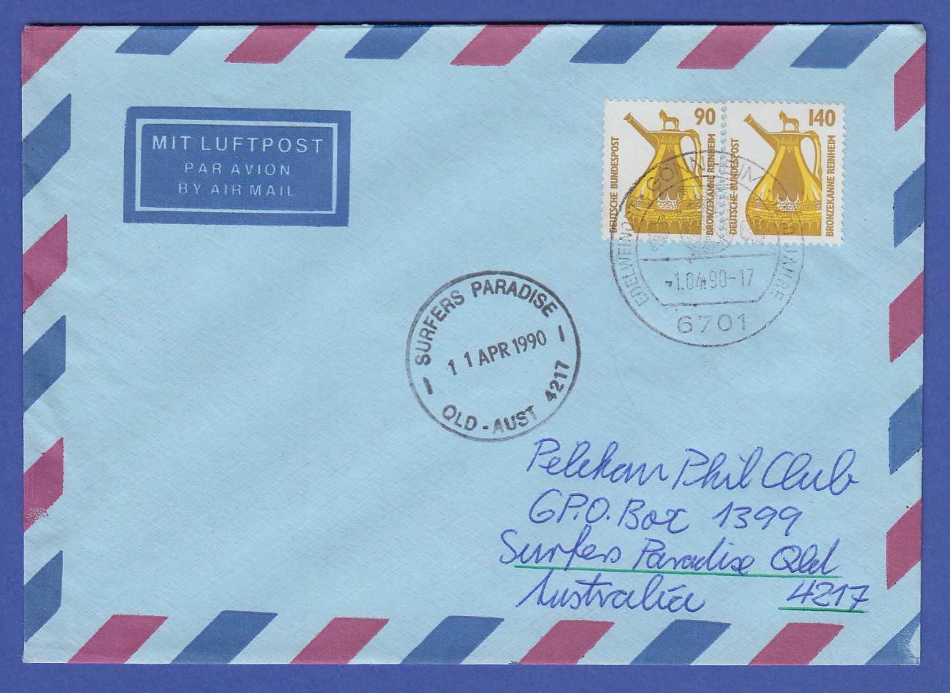Was Kostet Ein Brief Nach Australien Bund SWK Wert 90 und 140 auf Lp-Brief nach Australien, Orts-Werbe-O