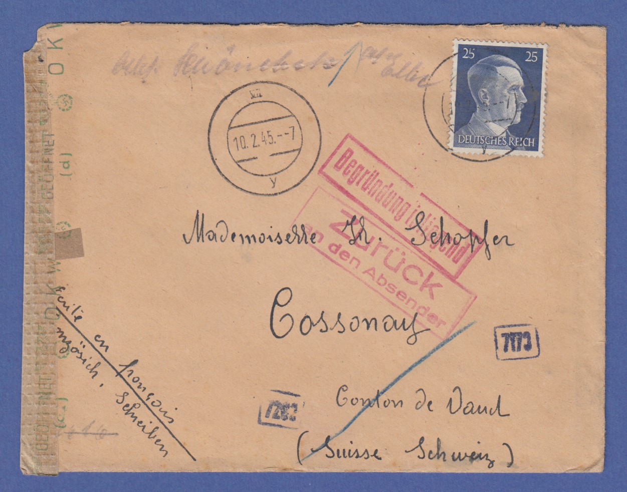 Februar 1945 Interess Zensur Retour Brief Aus Deutschland Gel In