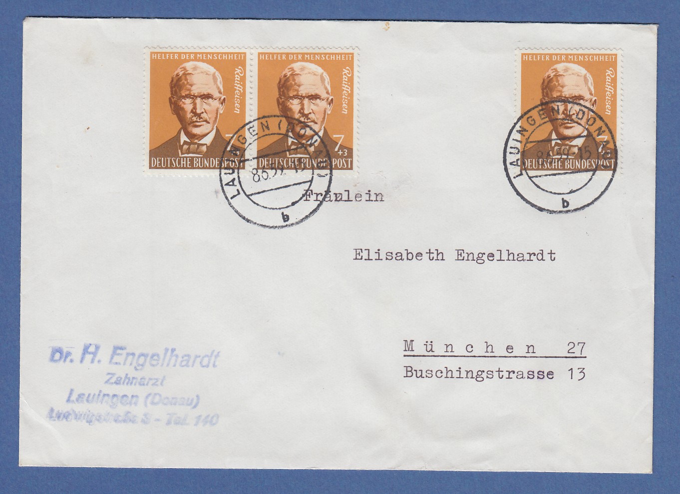 Bund 1958 Wohlfahrt Raiffeisen Mi.-Nr. 297 3x als MEF auf Brief aus