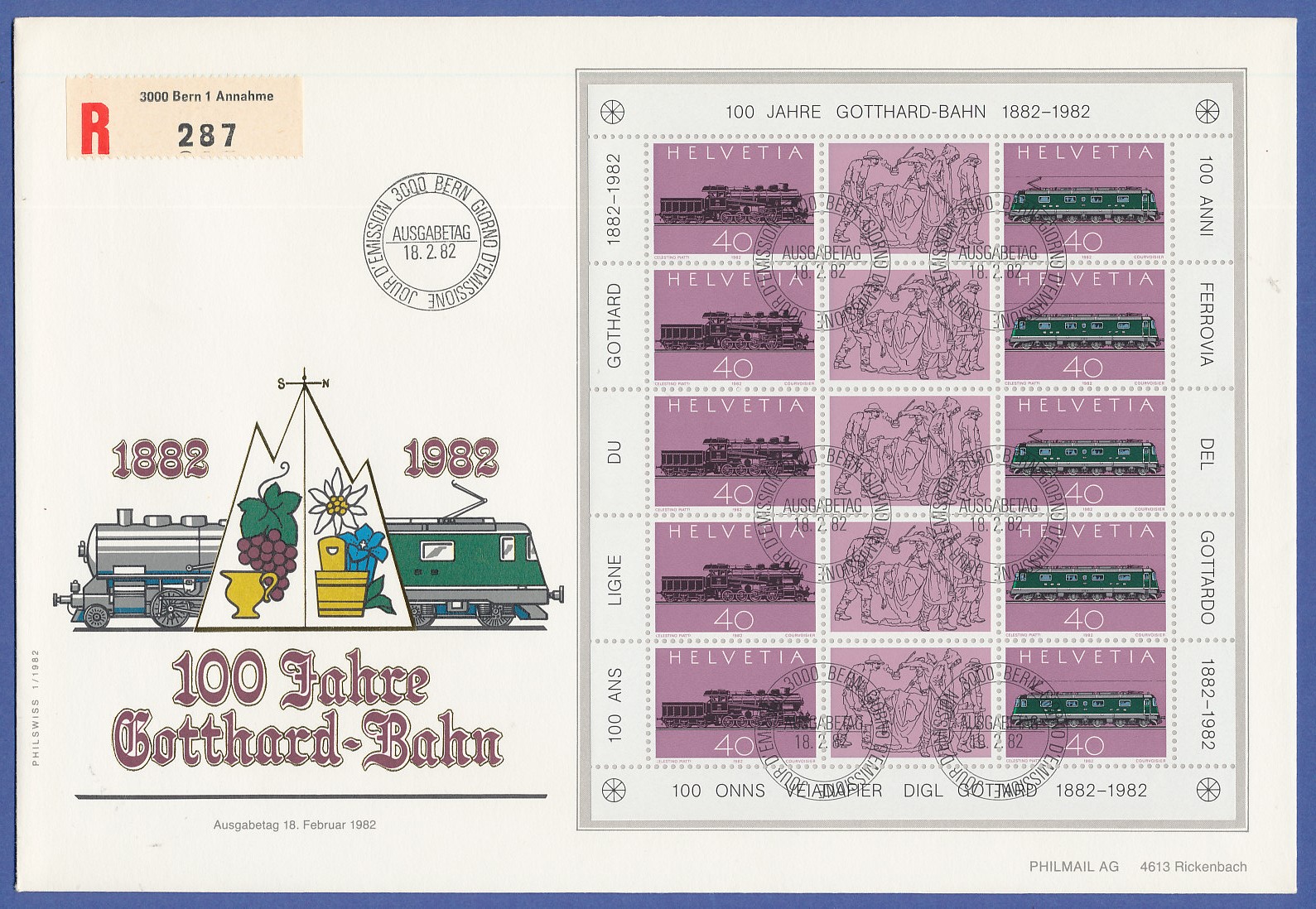 Schweiz 1982, Kleinbogen 100 Jahre GotthardBahn auf