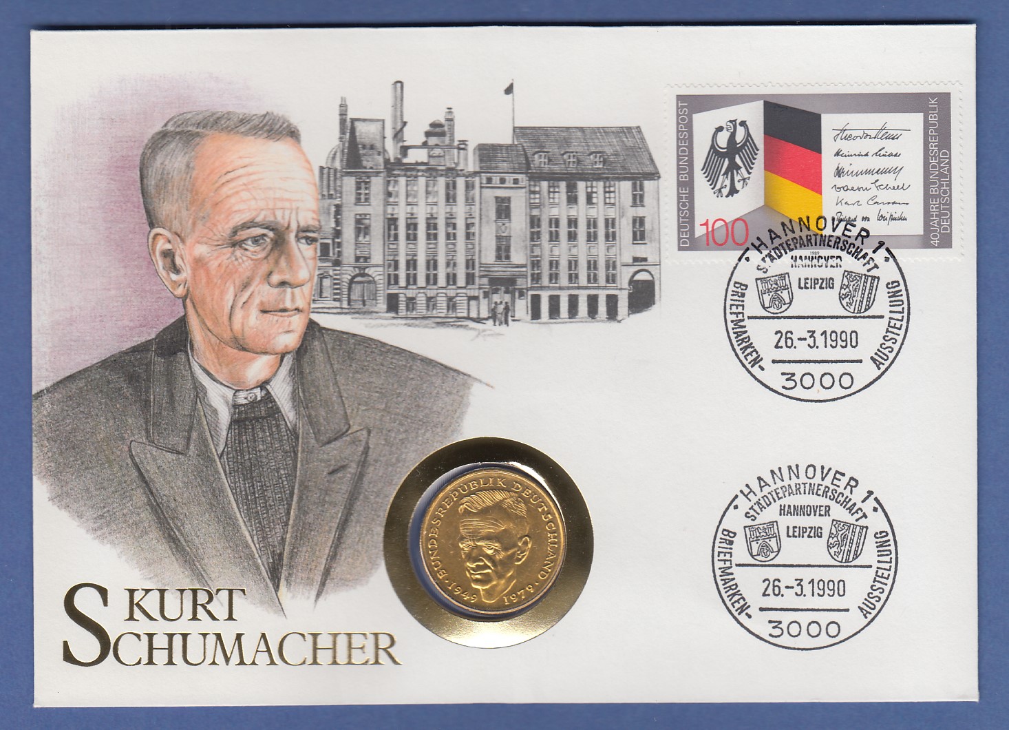 Numisbrief 1990 Kurt Schumacher mit vergoldeter 2-DM-Kursmünze, So-O Hannover · Tilman Dohren ...