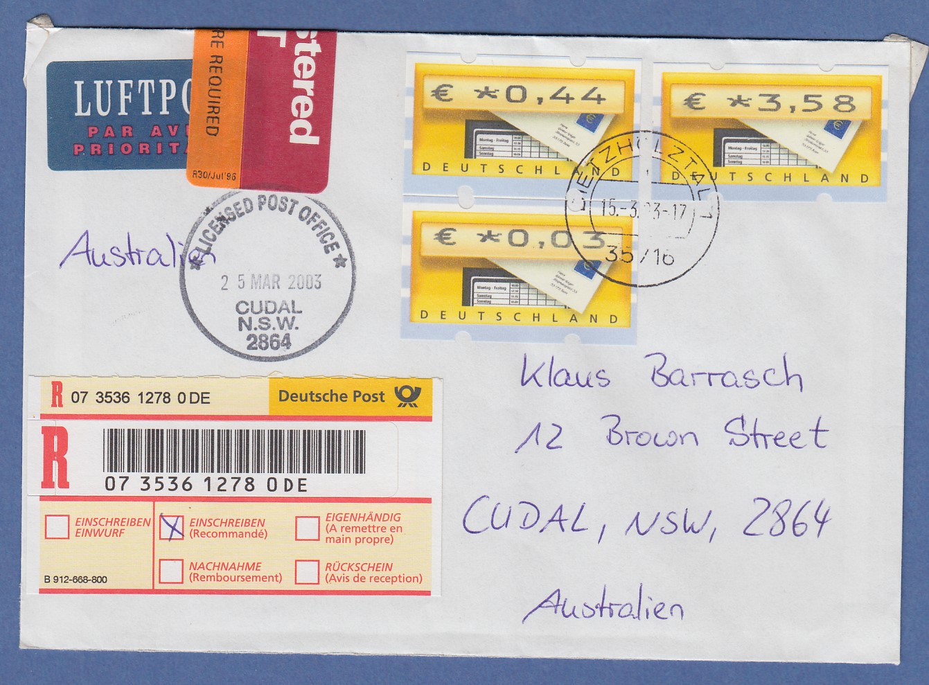 Was Kostet Ein Normaler Brief Nach Australien Deutschland ATM Mi.-Nr. 5.2 Wert 0,44, 0,03, 3,58 auf R-Brief nach