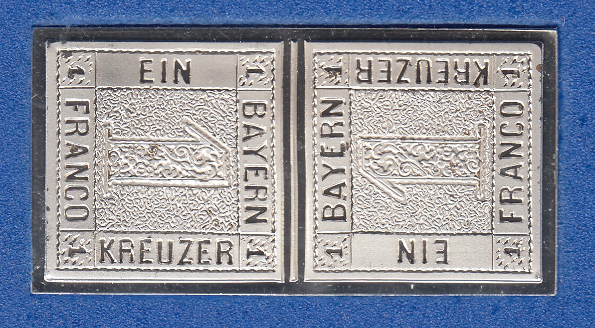 Silbermedaille Briefmarke Altdeutschland Bayern Kehrdruckpaar 1 Kreuzer 1849 · Tilman Dohren Silbermedaille Briefmarke Altdeutschland Bayern Kehrdruckpaar 1 Kreuzer 1849 · Tilman Dohren