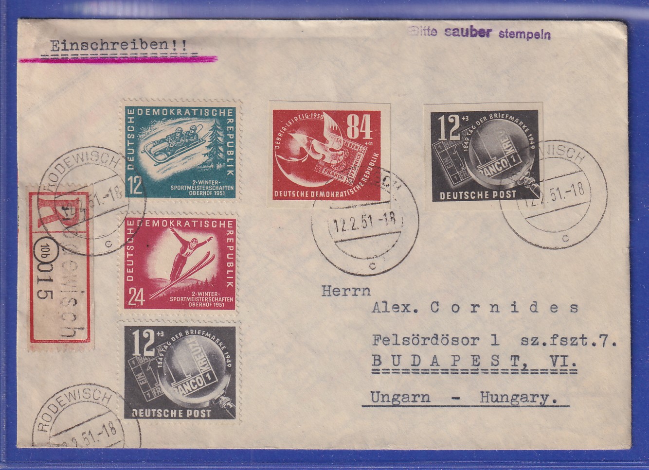 DDR 1951 R-Brief aus Rodewisch gel. nach Budapest. Block-Einzelmarken ...