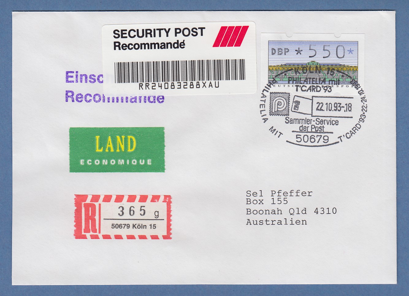 ATM 2.1.2 Wert 550 auf R-Brief nach Australien, So.-O KÖLN 22.10.93 ·  Tilman Dohren Philatelie