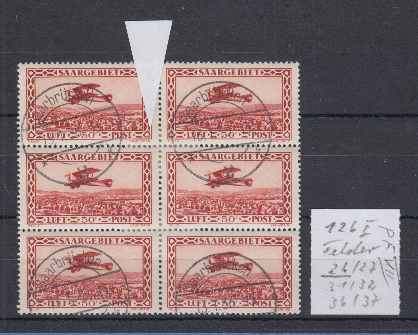 saar-1928-flugpostmarke-50-c-mi-nr-126-mit-plf-vii-im-6er-block-o