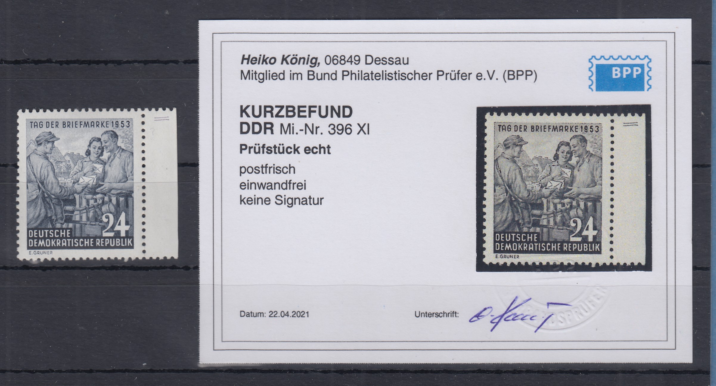 DDR 1953 Tag der Briefmarke Mi.-Nr. 396 XI **, geprüft mit KB König BPP ...