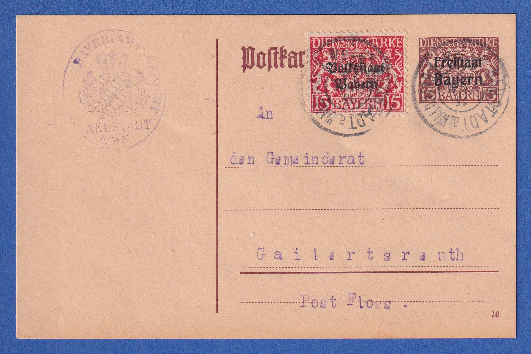 Bayern Dienstmarke 15 Pf Mi-Nr. 34 Postkarte Neustadt/Waldnaab N ...