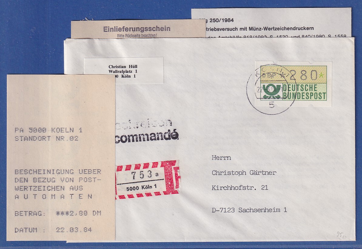 ATM Inbetriebnahme erster MWZD d. 2. Generation mit Quittungsabgabe Köln  22.3.84 · Tilman Dohren Philatelie